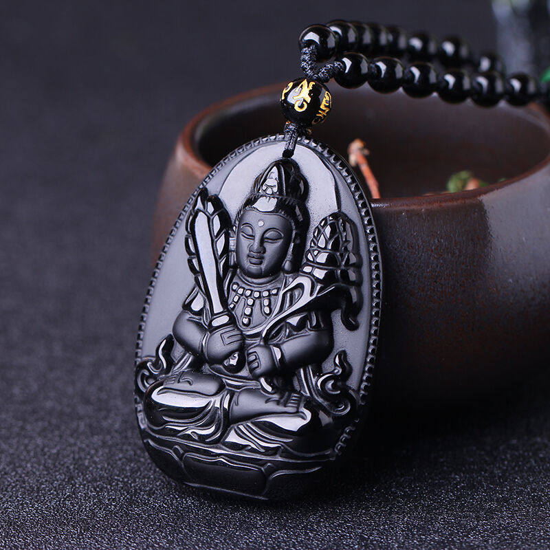 天然黑曜石虚空臧菩萨吊坠生肖牛虎守护神本命佛挂件玉佩送证书