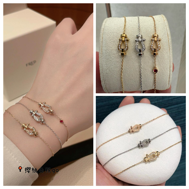 代购FRED斐登Force10 迷你马蹄扣手链 18K金满钻mini情侣手环礼物