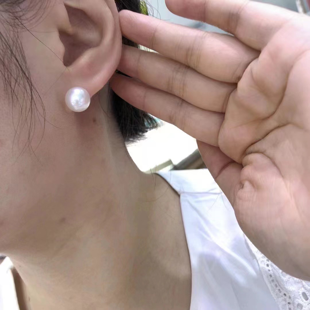 10-12mm高胖馒头圆天然淡水无核珍珠耳钉 诸暨白色大珍珠耳钉