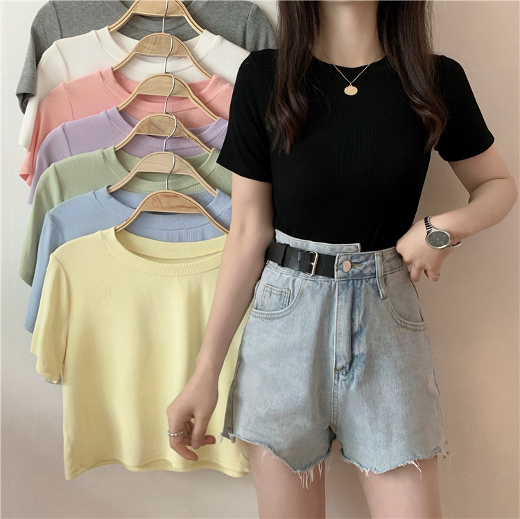 Real price real shot ~ New Summer versatile rib candy round neck short sleeve T-shirt