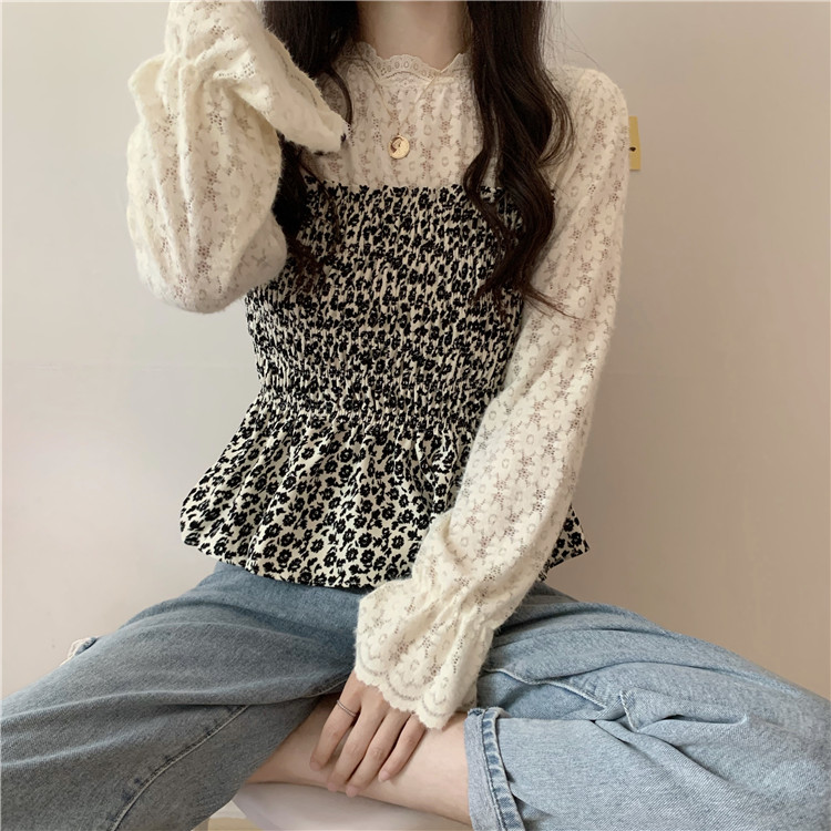 Real price shooting ~ Korean corduroy floral j-suede lace splicing pleated waist top