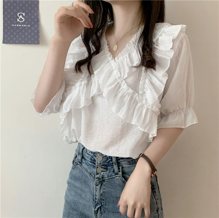 Real price real shot ~ Korean V-neck design sense wood ear Chiffon Shirt Short Sleeve Top