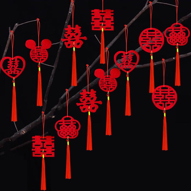 新款婚庆喜庆装饰婚房囍银柳盆栽小挂件吊牌结婚商城布置喜字挂件