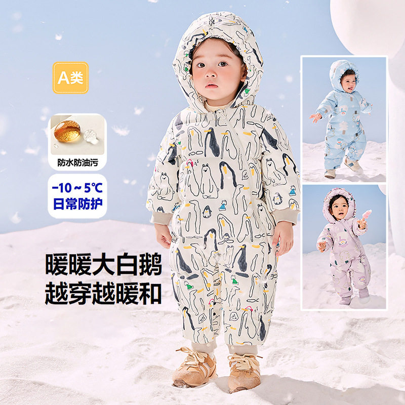 大牌折扣【鹅绒】三防婴儿羽绒连体衣女童宝宝外出服冬装新款儿童