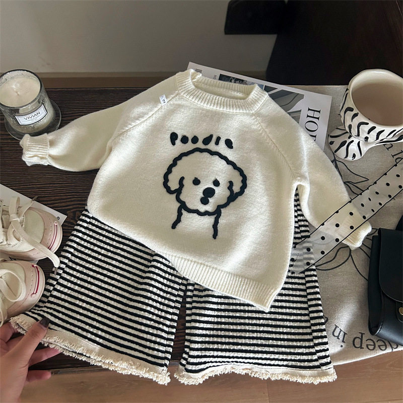 大牌折扣韩版童装2026新款秋季女童卡通小狗针织毛衣条纹毛边休闲