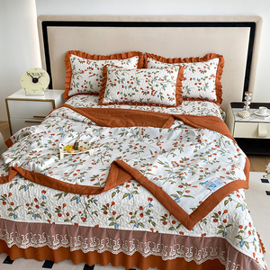 A类夹棉床盖三件套水洗棉麻夏被四件套纯棉床罩防滑全棉空调被夏