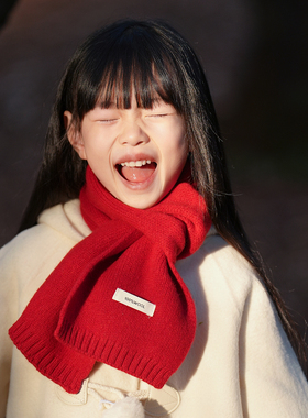 （100%wool）百分百纯羊毛儿童围巾女红色针织保暖百搭高级感围脖