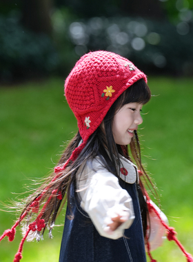 国风复古花朵刺绣毛线帽子女秋冬保暖甜美针织帽百搭显脸小套头帽