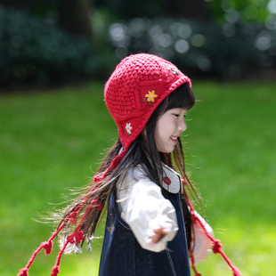 国风复古花朵刺绣毛线帽子女秋冬保暖甜美针织帽百搭显脸小套头帽