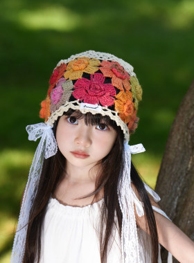 儿童帽子彩色花朵针织帽女童