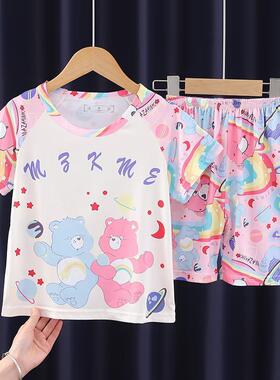 夏季短袖睡衣家居服套装薄男女孩子兄妹姐弟Care Bears爱心熊童装