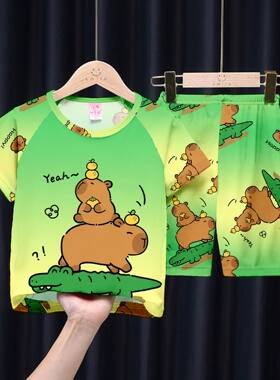 三四五六七八九十岁儿童睡衣女孩男孩夏季款套装卡皮巴拉capybara