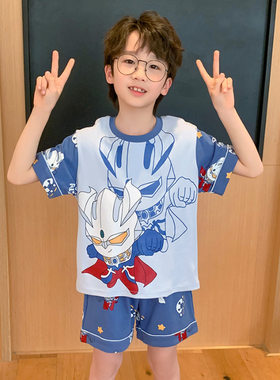 纯棉夏装赛罗奥特曼家居服中大童男孩睡衣套装三四五六七八九十岁