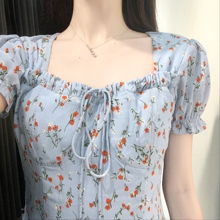 法式梗桔连衣裙蓝色碎花初恋系甜美显瘦超仙森系赫本裙收腰法式夏