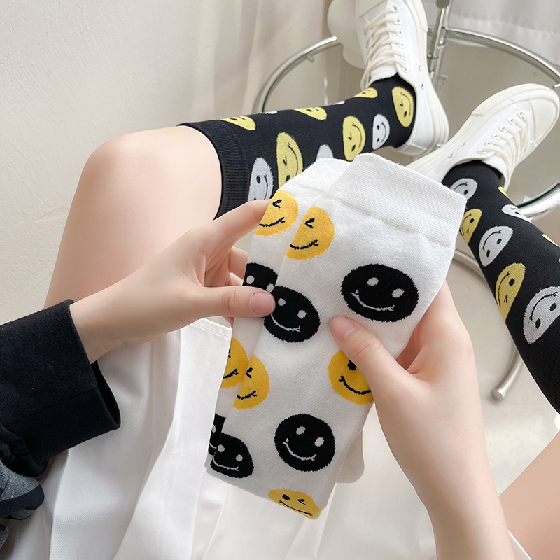 纯棉笑脸长筒袜子女ins可爱日系