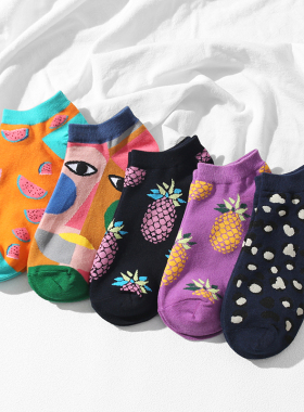 5双春夏短袜男女潮ins船袜可爱日系ins卡通情侣短袜浅口袜子低帮