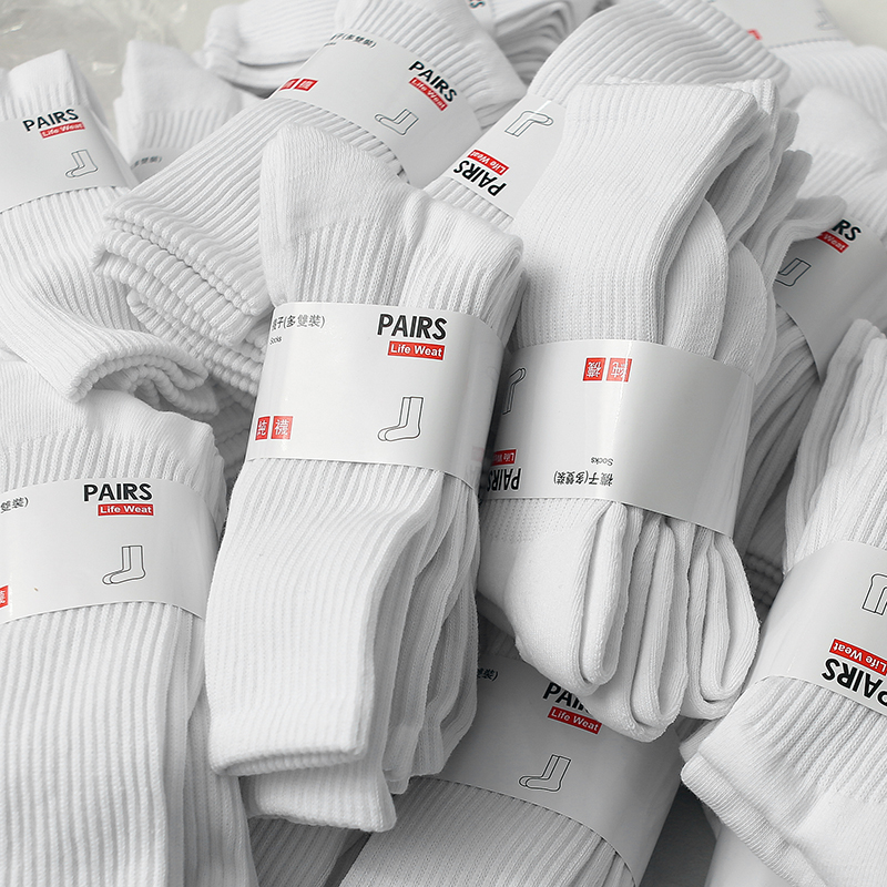 5双秋冬季白色袜子毛巾底女袜中筒袜毛圈运动袜男船袜加厚长筒袜