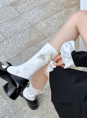 辣妹洛丽塔蝴蝶结水钻纯色美腿走秀款黑色中筒袜子女奶白色堆堆袜