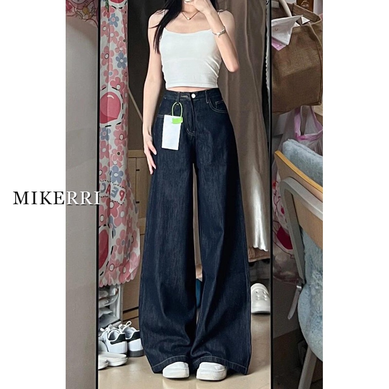 深蓝色A版阔腿牛仔裤女秋季新款大码胖mm宽松显瘦梨形身材慵懒裤