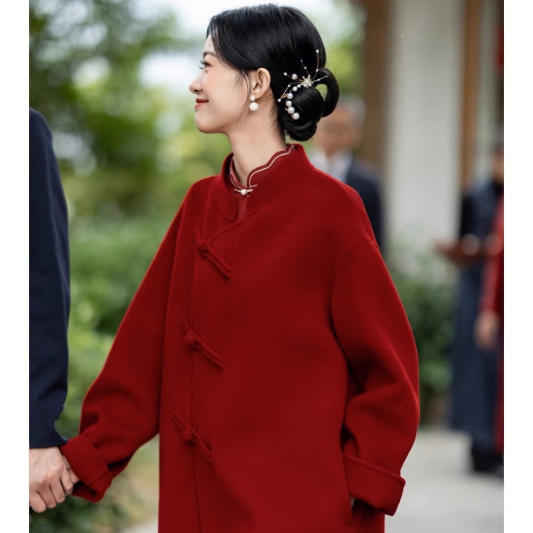 红色国风双面羊绒大衣女2025秋冬新款结婚喜庆中长款羊毛呢外套