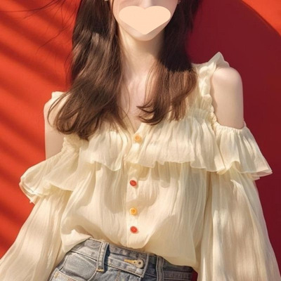 25今年流行漂亮雪纺衫女秋季荷叶边高级感挖肩法式衬衫娃娃衫上衣
