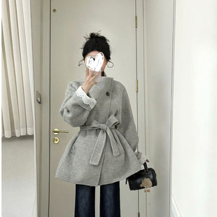 高级系带毛呢外套上衣 爆款 设计感灰色立领短款 大衣女2025秋冬新款