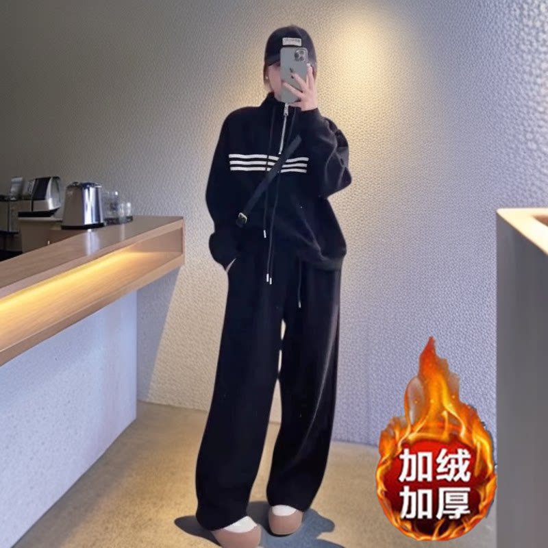 加绒加厚休闲运动服女秋冬款长袖保暖立领卫衣套装阔腿裤两件套装