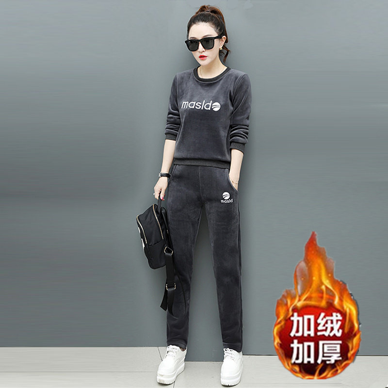 秋冬款金丝绒加绒加厚休闲运动服女长袖保暖圆领卫衣直筒裤两件套