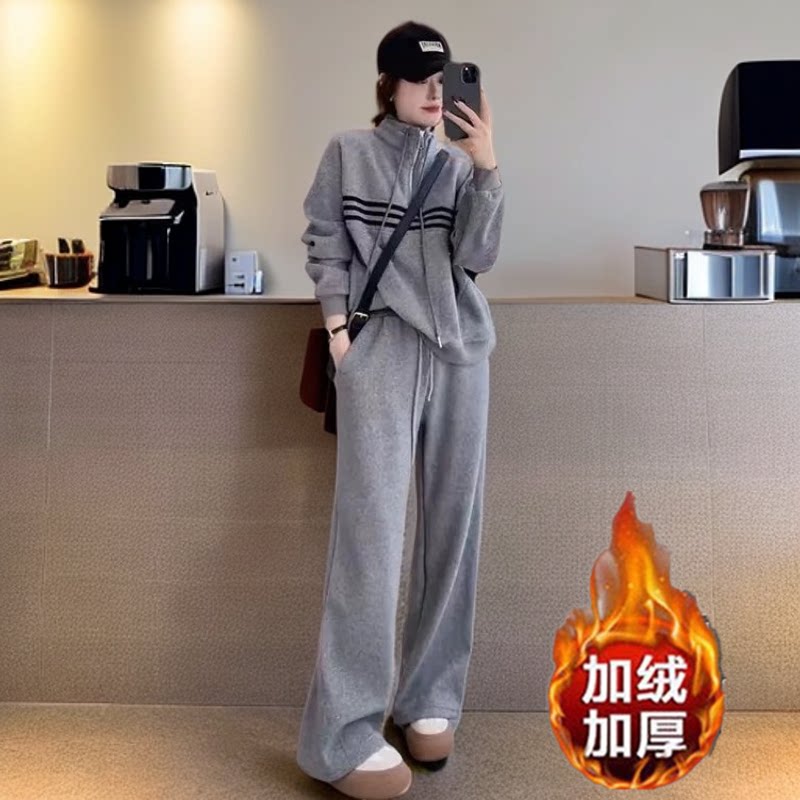 秋冬款加绒加厚休闲运动服女士长袖保暖立领卫衣套装阔腿裤两件套