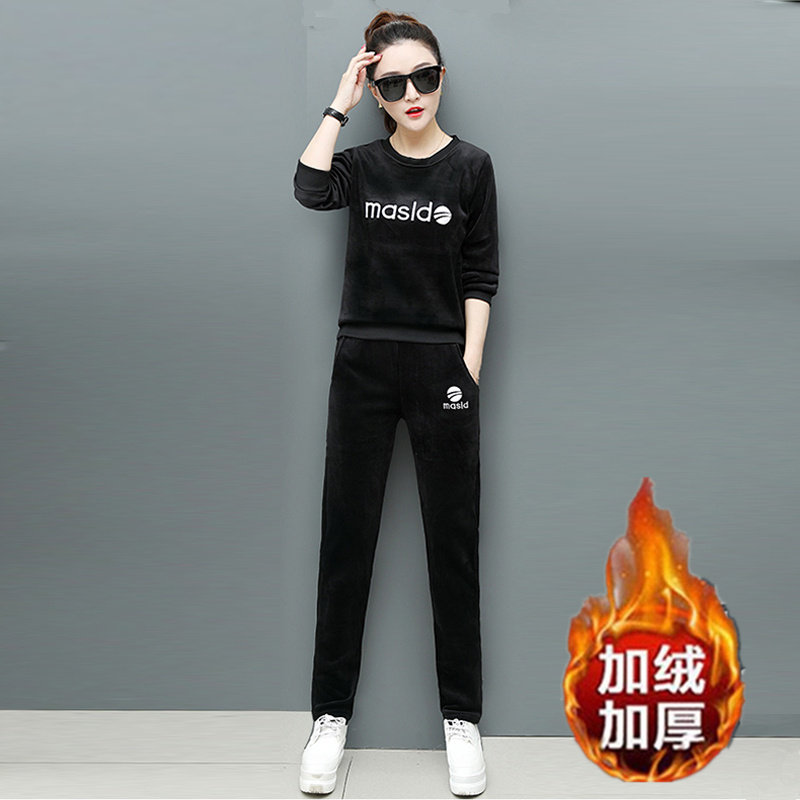 秋冬款双面金丝绒加绒加厚休闲运动服女长袖保暖卫衣直筒裤两件套