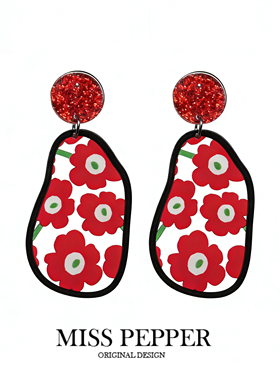 26年新款原创可爱卡通新年红色花朵耳环女小众设计感双面印花耳钉