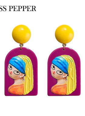 戴珍珠耳环的少女耳钉复古浮雕立体彩绘油画耳饰趣味搞怪独特耳坠