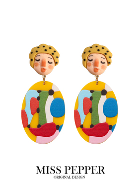 原创设计可爱卡通人物头像耳钉莫奈花朵甜美少女心耳环夹撞色耳饰