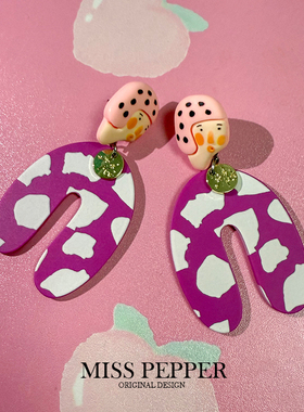 原创设计可爱卡通波点树莓酱粉头像耳环女个性长款冷葡萄紫色耳钉