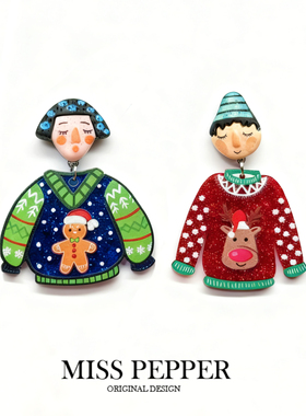 2025圣诞新品耳钉不对称娃娃麋鹿亮片耳饰卡通个性人像耳环夹女