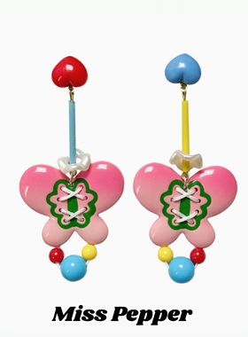 适合春天耳饰卡通可爱粉色蝴蝶串珠耳钉甜美清新长款显瘦耳环女