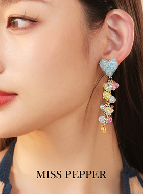 闪闪惹人爱蓝色糖果爱心耳钉彩色碎石长款流苏百搭度假超仙耳环夹