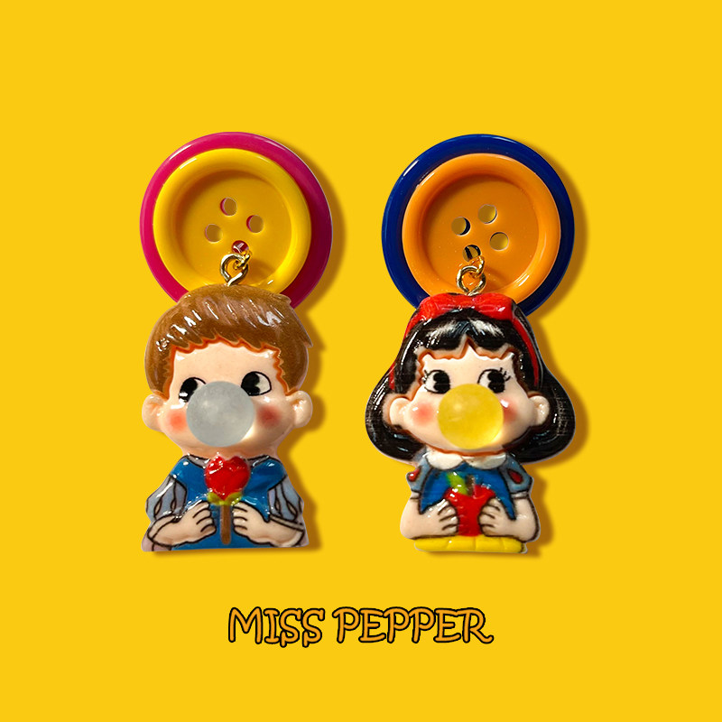 原创设计哥哥妹妹耳钉王子公主卡通娃娃耳夹纽扣不对称925银耳环