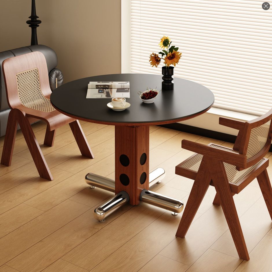 波尔卡中古圆桌复古小户型金属腿圆形餐桌北欧包豪斯实木岩板饭桌