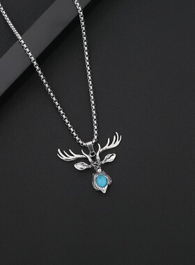 欧美跨境hiphop嘻哈复古麋鹿项链一路有你情侣个性鹿头吊坠配饰潮