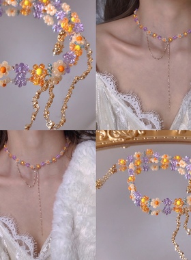 北北 原创串珠项链彩色锁骨链黄色花朵高级唯美气质夏天水晶项链