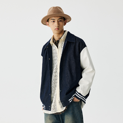 BENPANDA牛仔拼皮棒球服外套