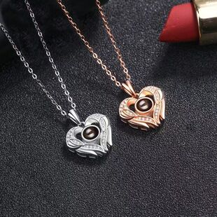 亚马逊外贸饰品100种语言我爱你项链爱心翅膀小众设计感吊坠