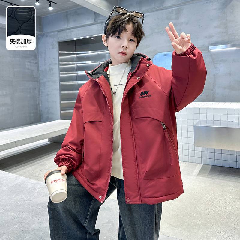 品牌专柜男童冬季夹棉加厚连帽棉服外套2025年新款儿童冬装棉衣中