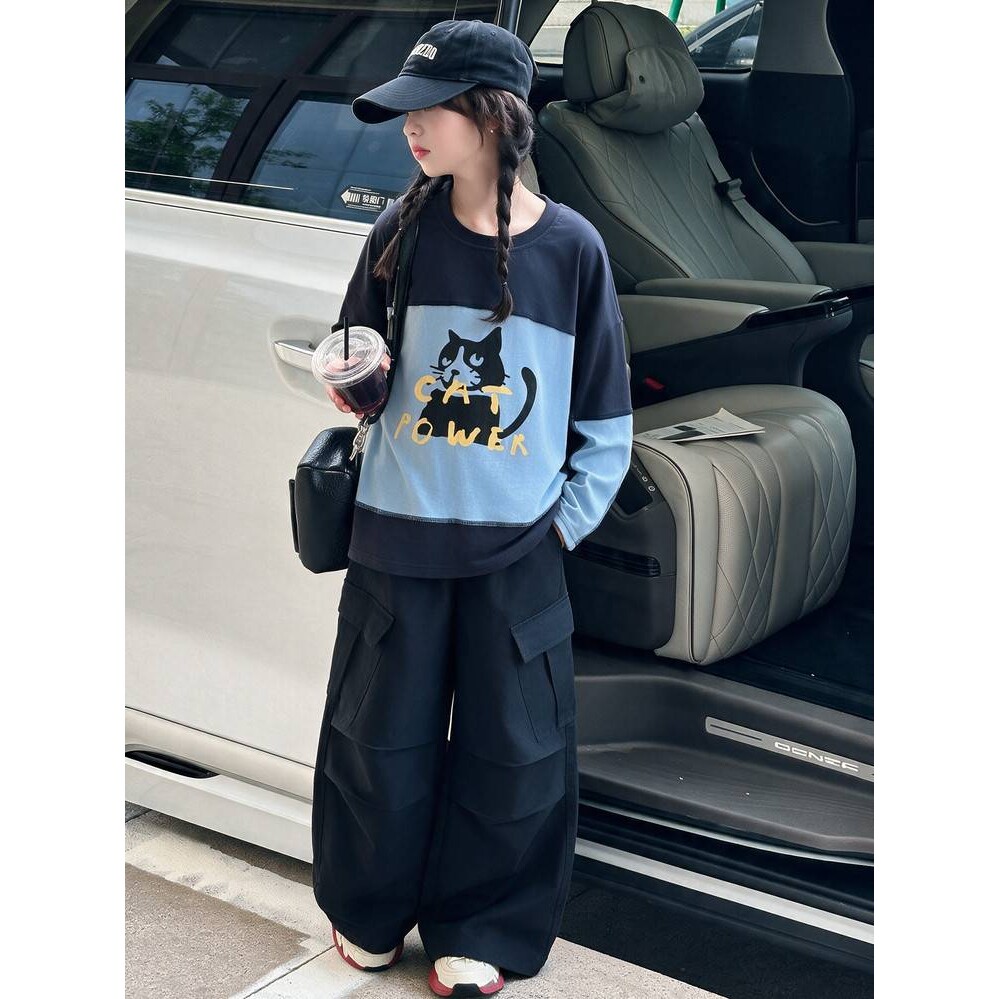 品牌专柜女童秋装休闲套装2026新款韩版洋气女孩春秋拼色卫衣工装