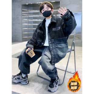 品牌专柜儿童装男童冬装夹棉牛仔套装2025新款中大童冬季加厚保暖