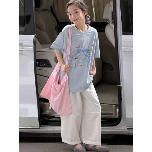 品牌专柜女童夏季洋气时髦短袖T恤套装中大童女孩韩系休闲t儿童夏