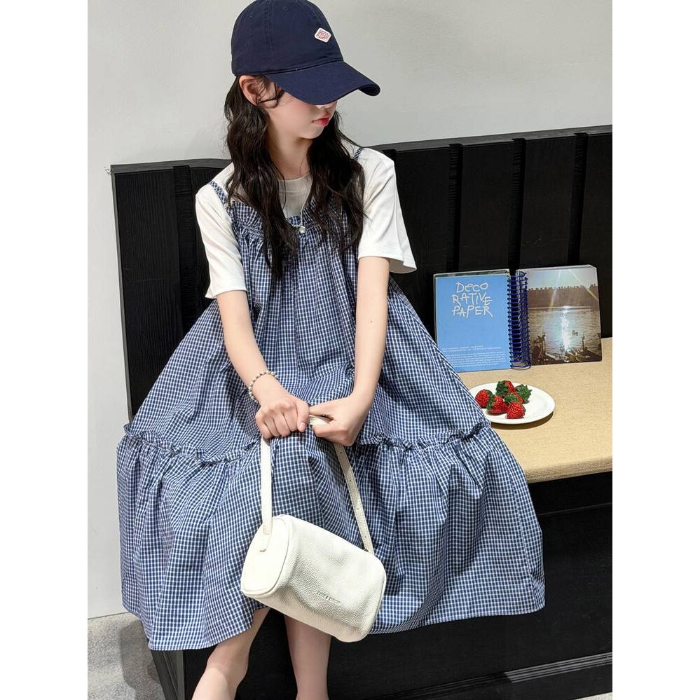 品牌专柜女童韩版格子吊带裙套装女大儿童夏季短袖T恤大裙摆连衣