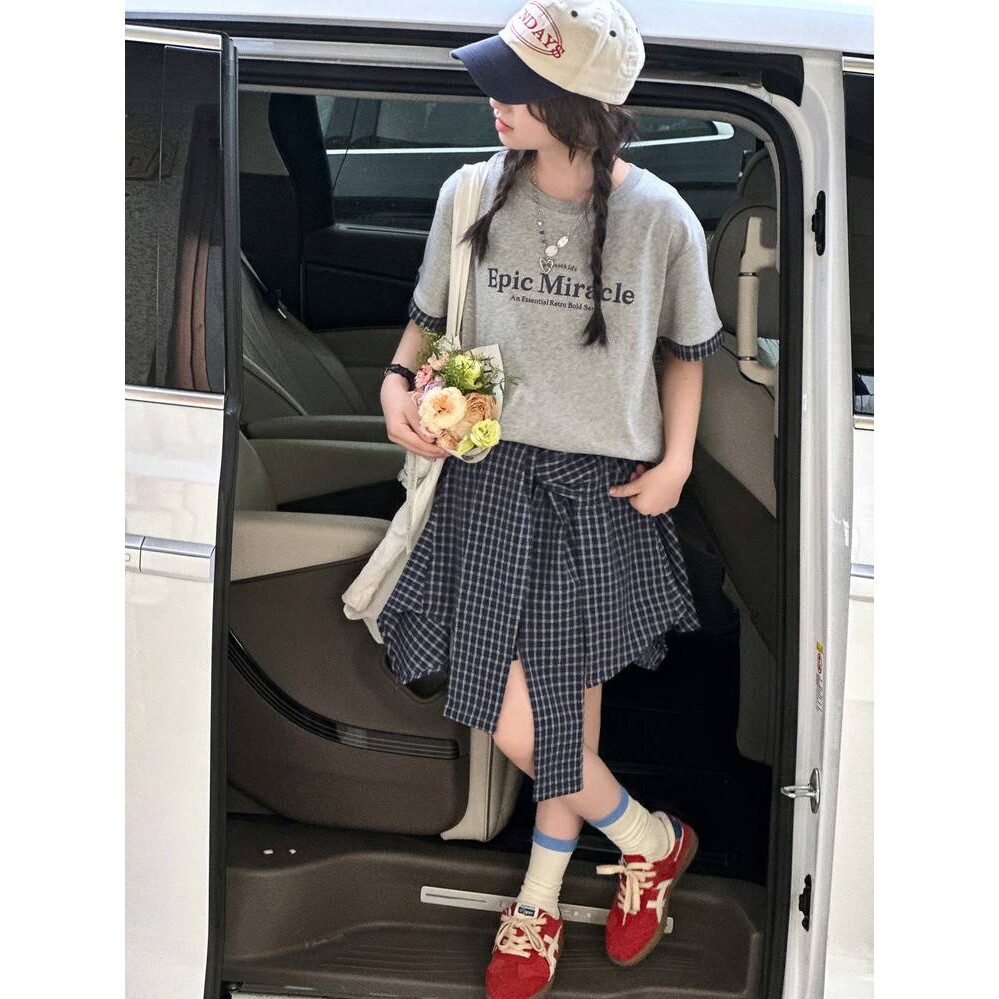 品牌专柜女童格子裙裤套装夏季女大童韩版洋气短袖t恤半身裙街舞