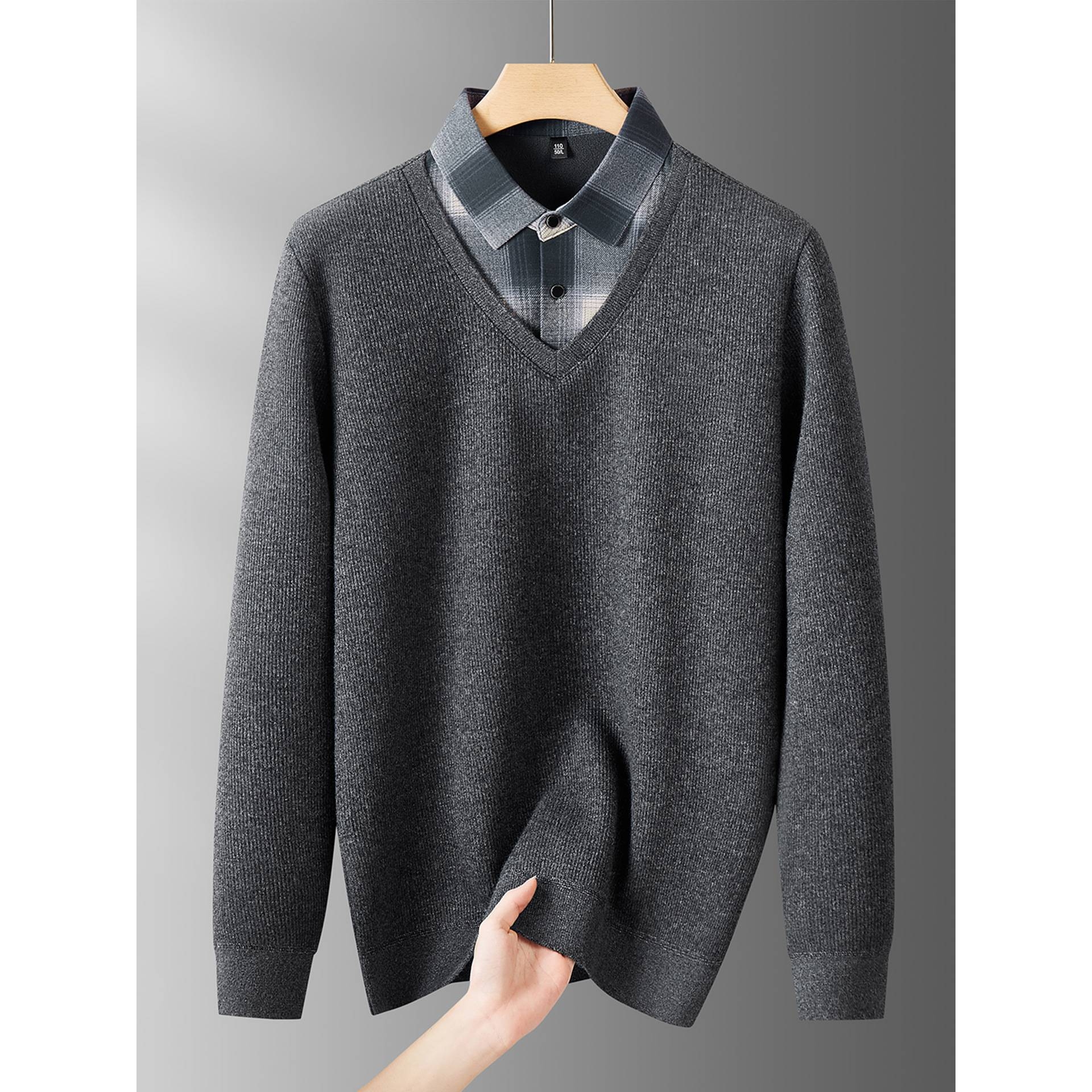 品牌专柜大码男装加绒格子假两件毛衣2025冬季新款加肥加大胖子针